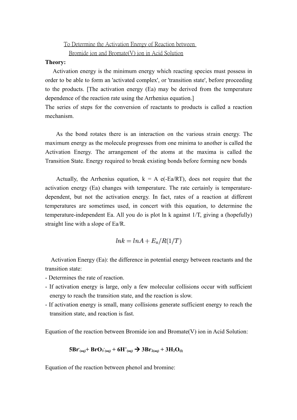 To Determine the Activation Energy of Reaction Between