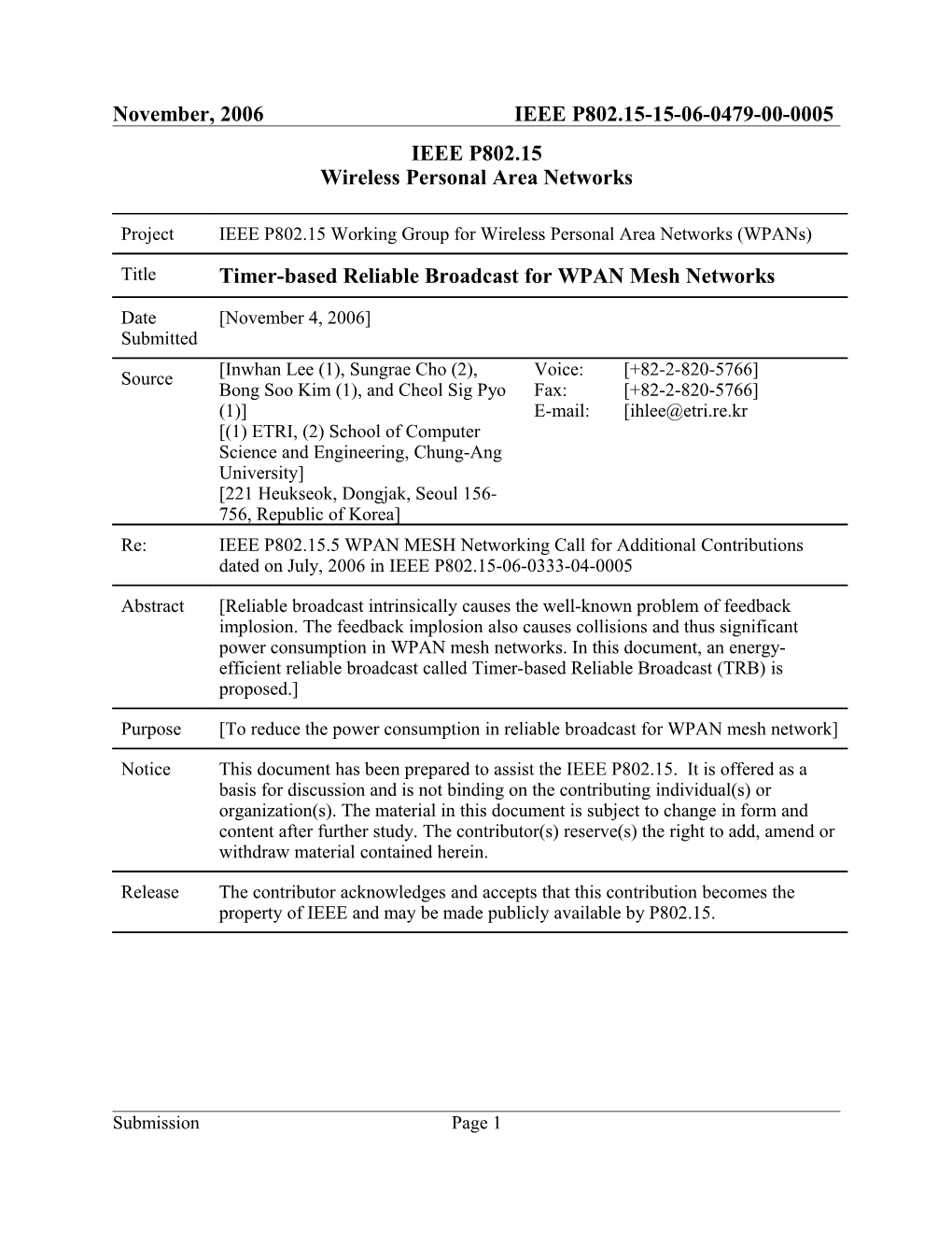 Timer-Based Reliable Broadcast for WPAN Mesh Networks