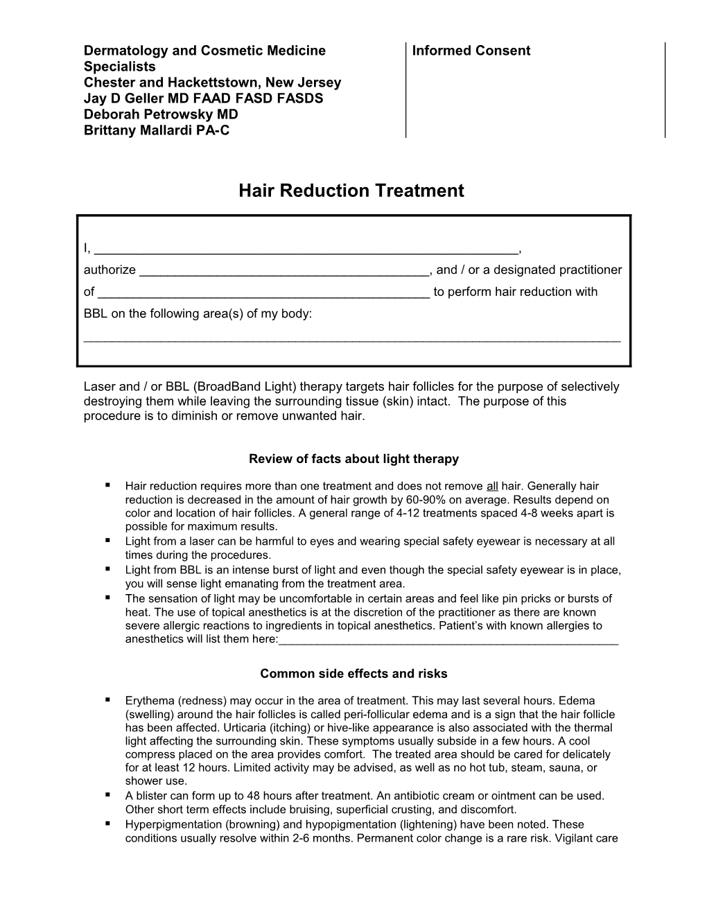 Hair Reduction Treatment