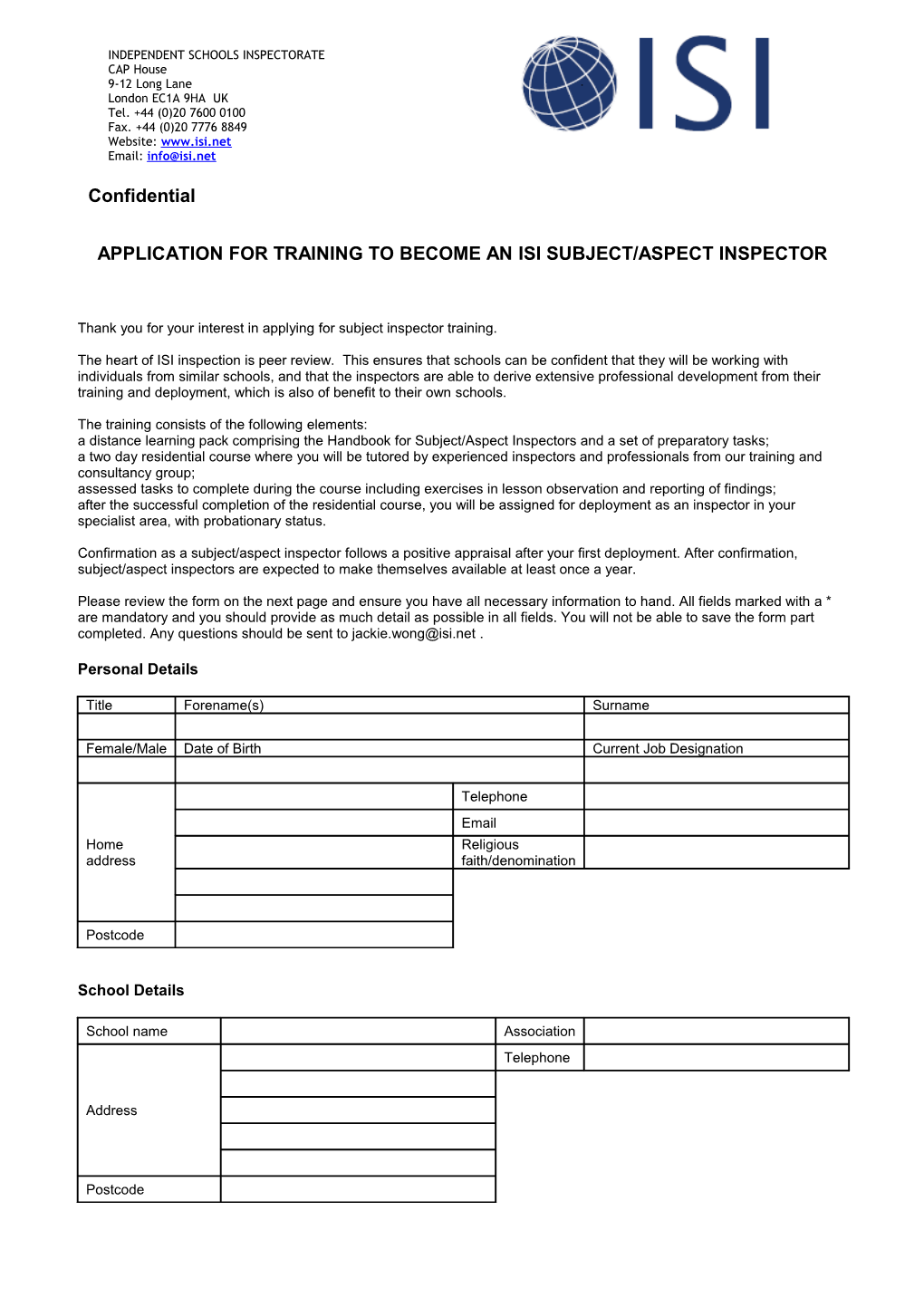 Application for Training to Become an Isi Subject/Aspect Inspector