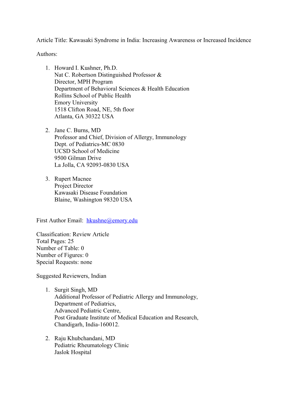 Article Title: Kawasaki Syndrome in India: Increasing Awareness Or Increased Incidence