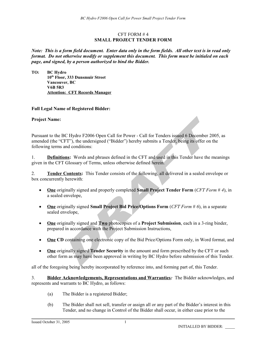 Small Project Tender Form