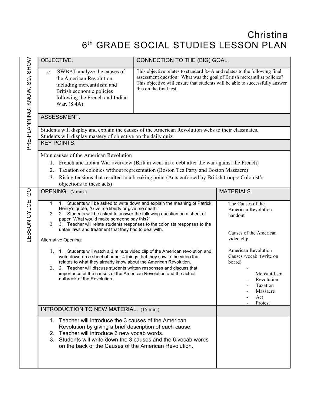 6Th GRADE SOCIAL STUDIES LESSON PLAN