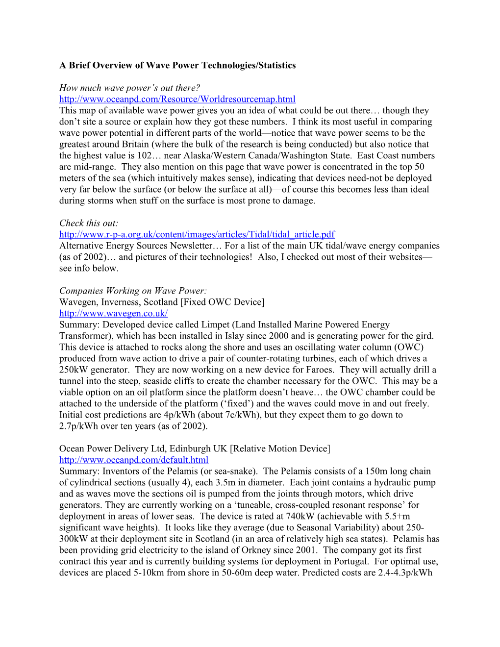 A Brief Overview of Wave Power Technologies/Statistics