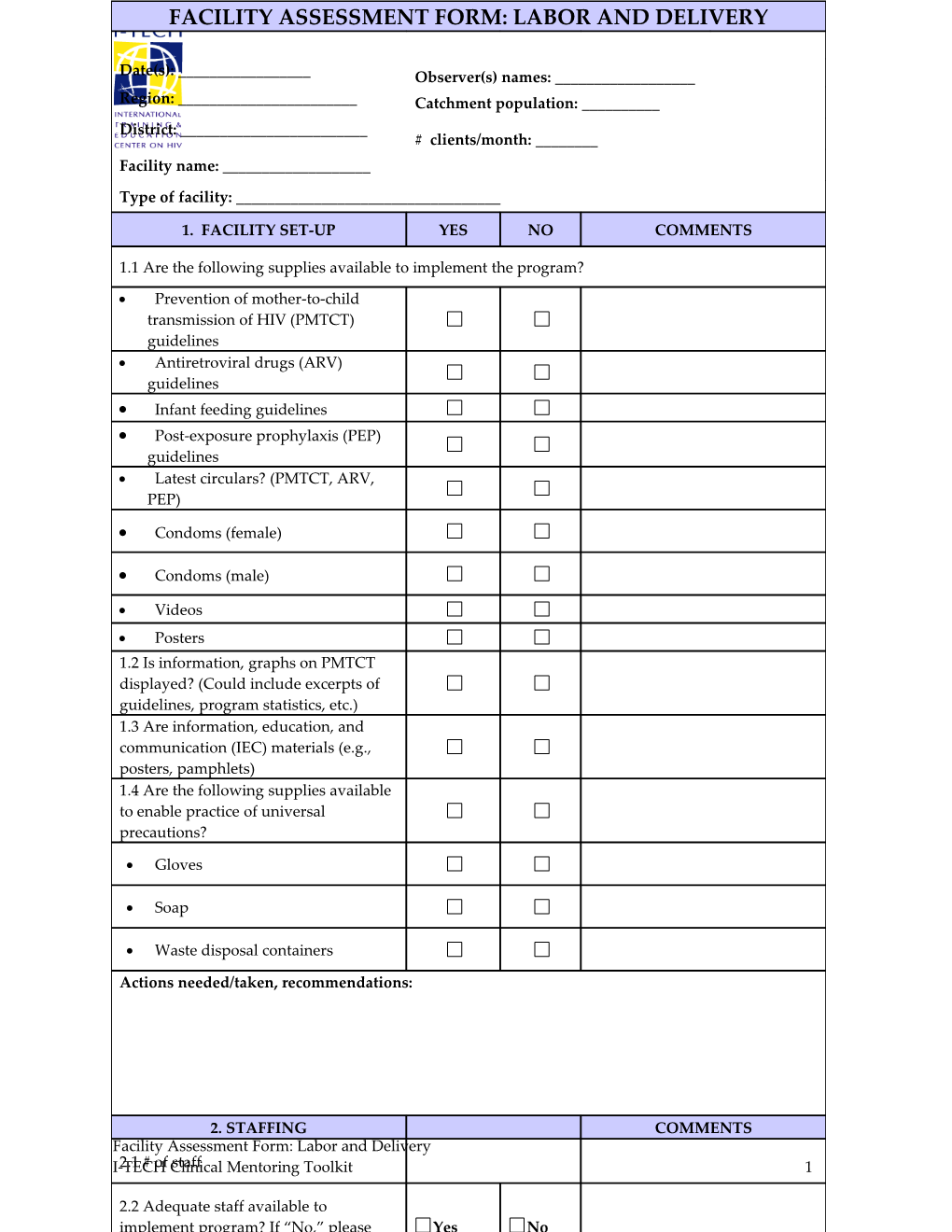 Facility Assessment Form - Labor and Delivery