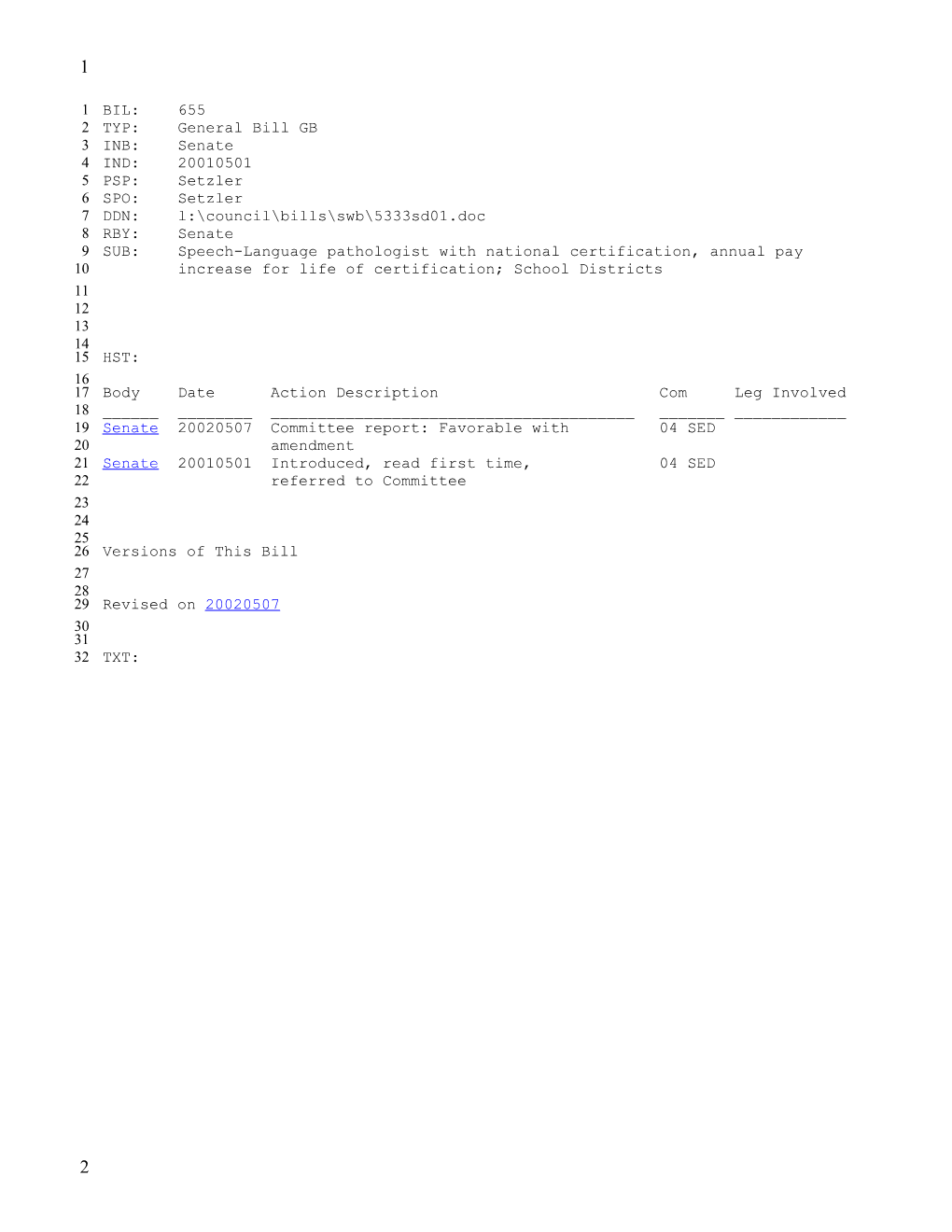 2001-2002 Bill 655: Speech-Language Pathologist with National Certification, Annual Pay