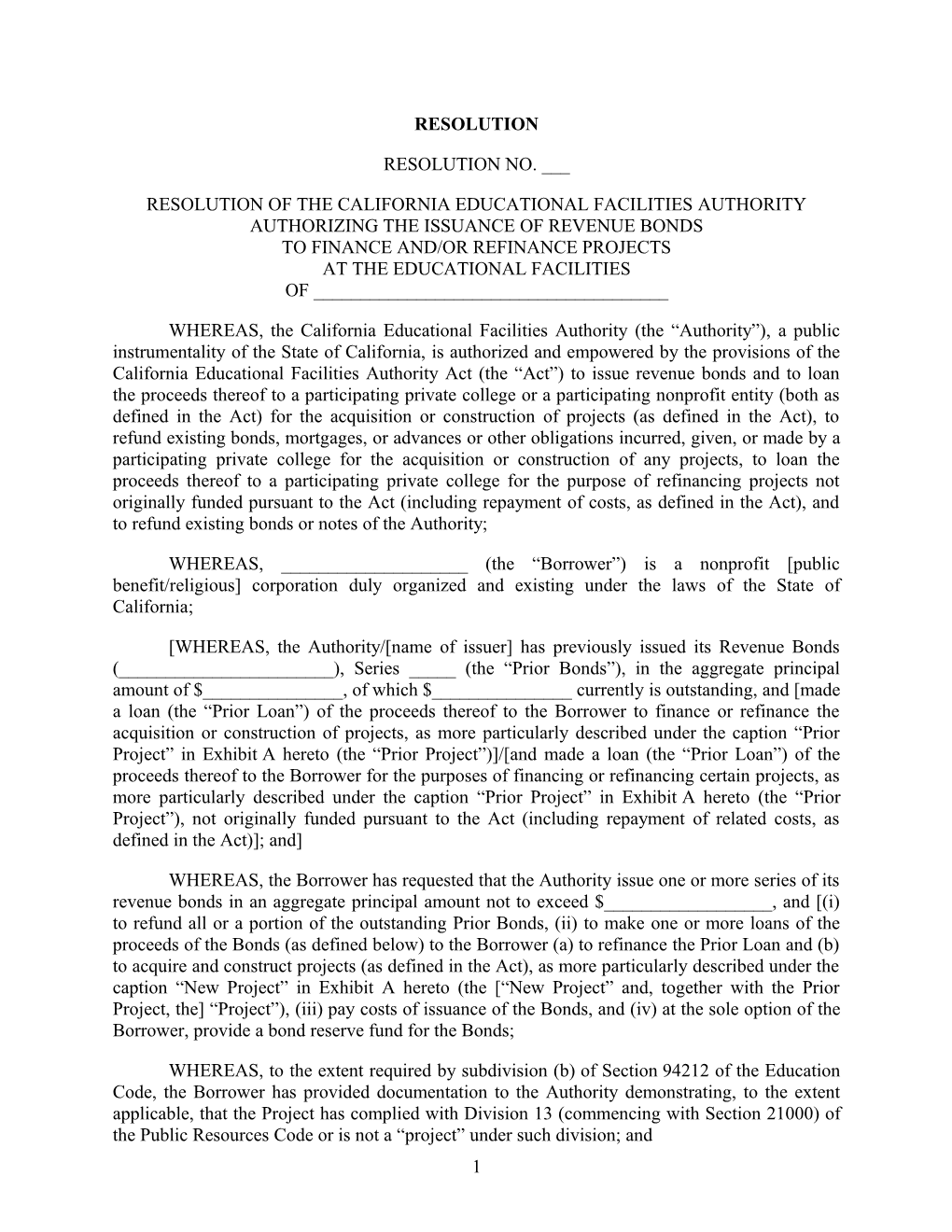 Resolution of the California Educational Facilities Authority Authorizing the Issuance