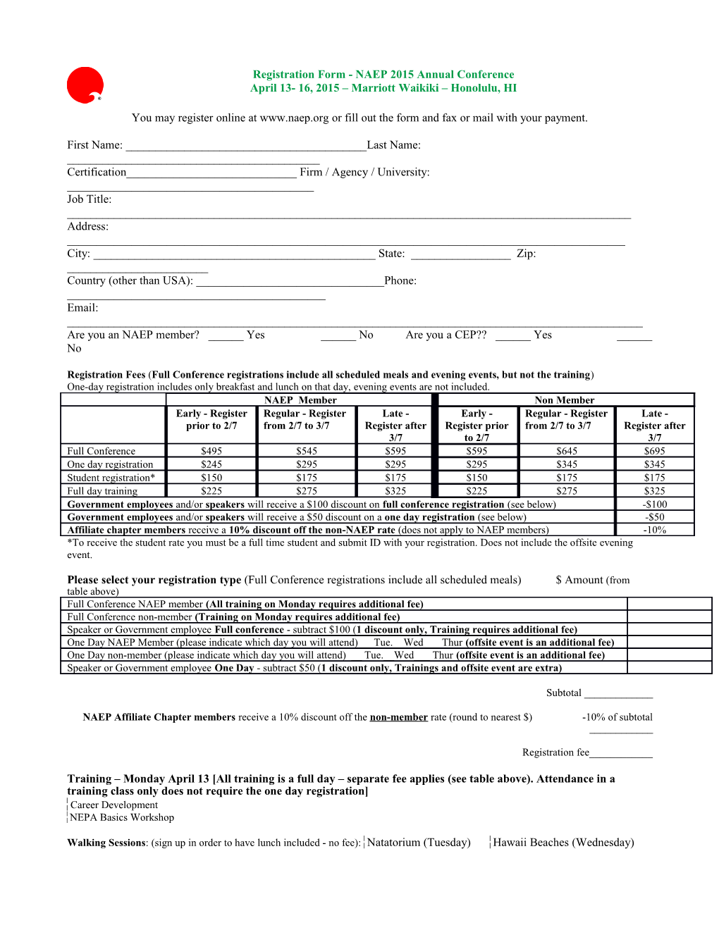 Registration Form for NAEP/AEP 2008 Conference