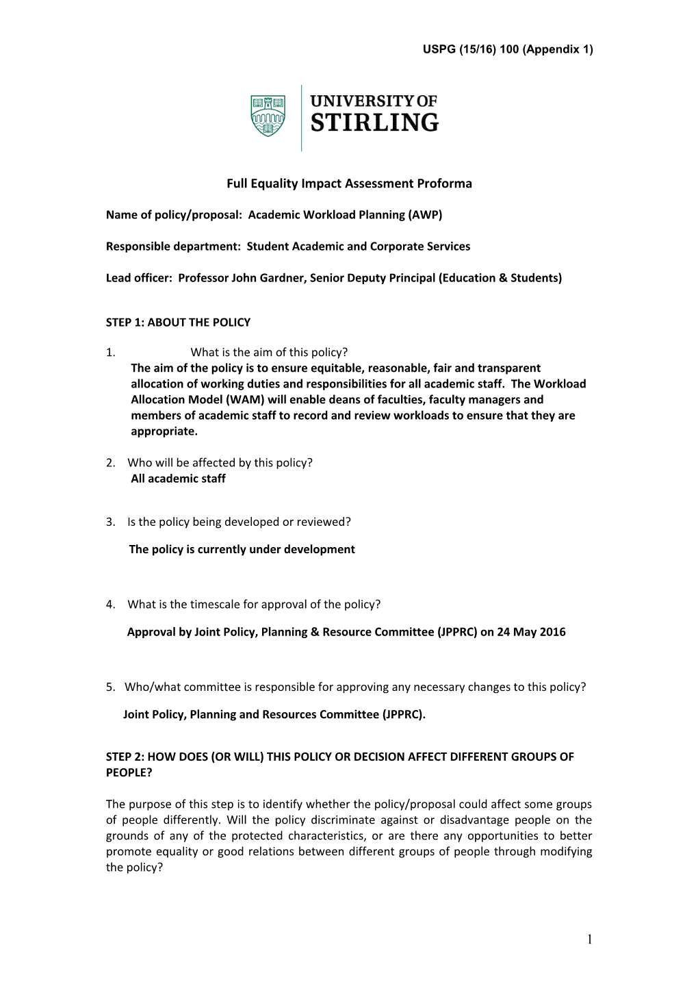 Full Equality Impact Assessment Proforma