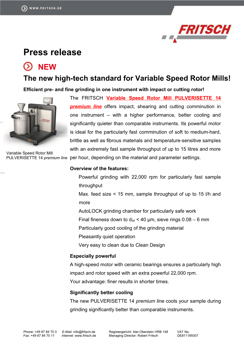 The New High-Tech Standard for Variable Speed Rotor Mills!