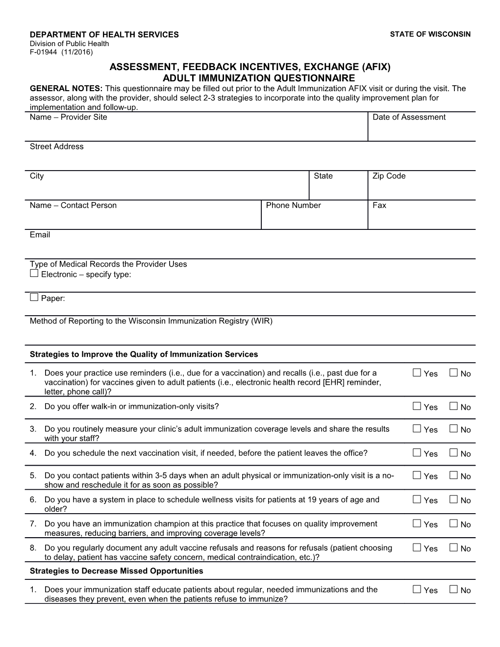 Assessment, Feedback Incentives, Exchange (AFIX) Adult Immunization Questionnaire