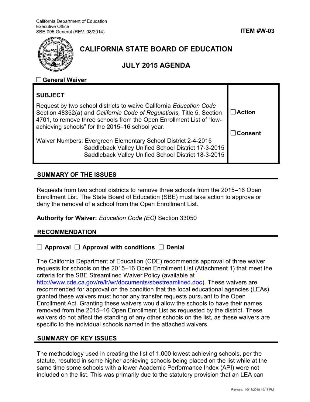 July 2015 Waiver Item W-03 - Meeting Agendas (CA State Board of Education)