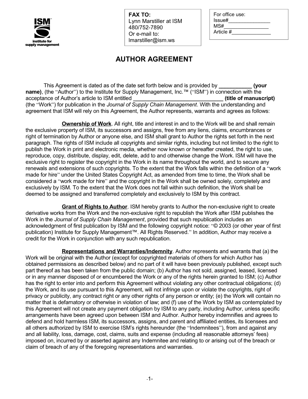 JSCM Author Agreement - Revised July 23, 2009