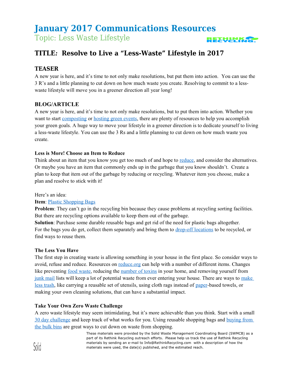 TITLE: Resolve to Live a Less-Waste Lifestyle in 2017