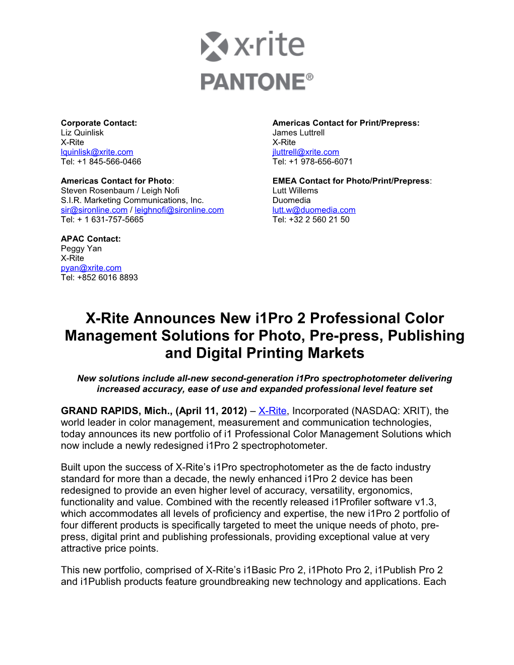 X-Rite Introduces New I1pro 2 Professional Colormanagement Solutions (Cont D)- 1