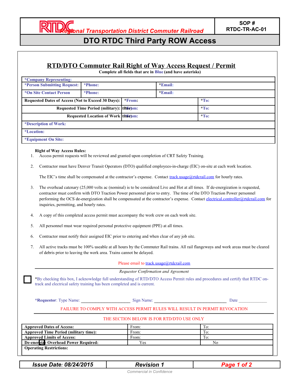 RTD/DTO Commuter Rail Right of Way Access Request / Permit