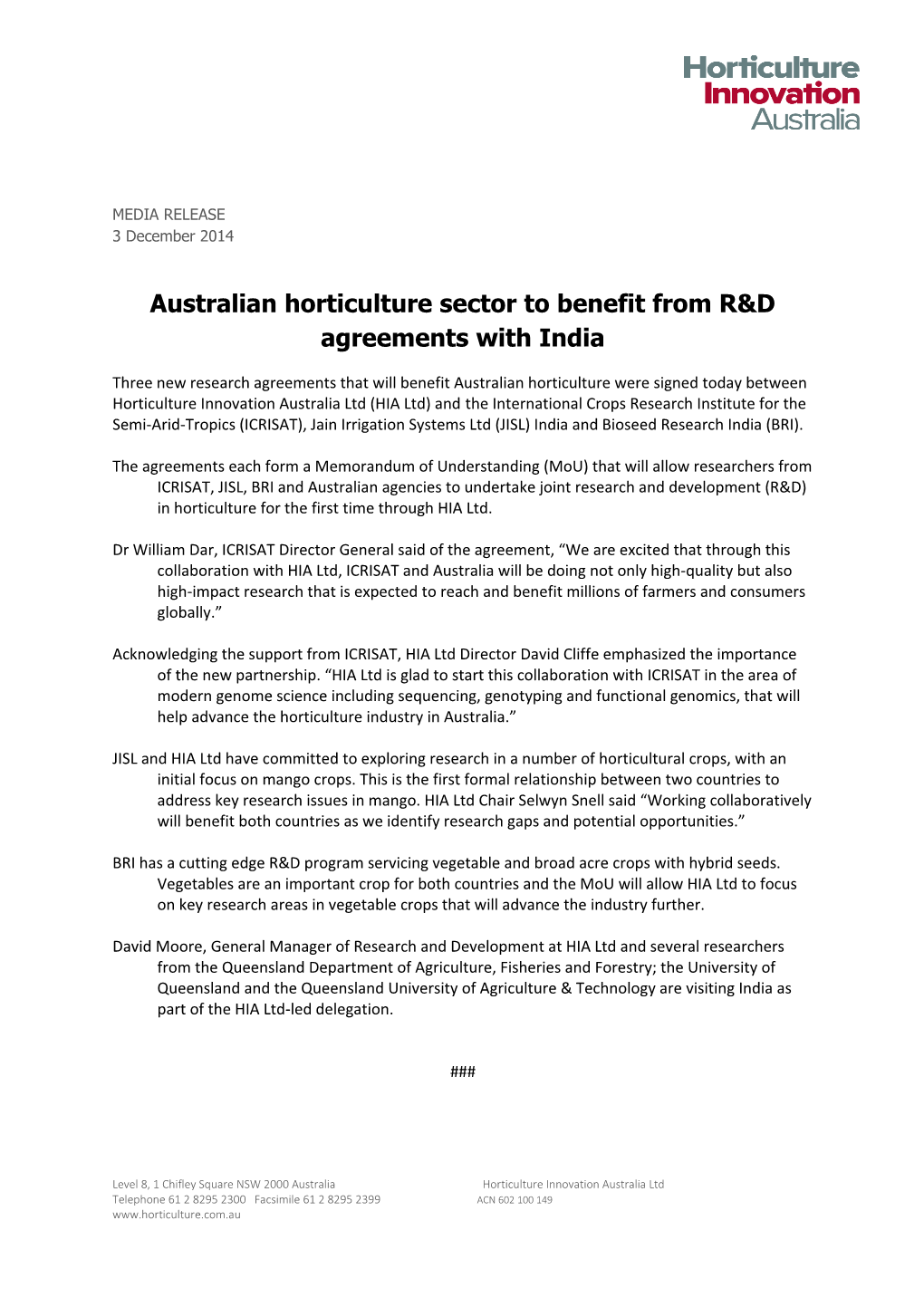 Australian Horticulture Sector to Benefit from R&D Agreements with India