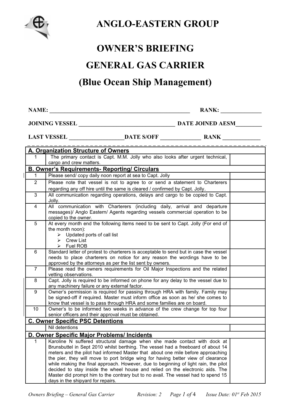 Owners Briefing- General Gas Carrier (Blue Ocean)