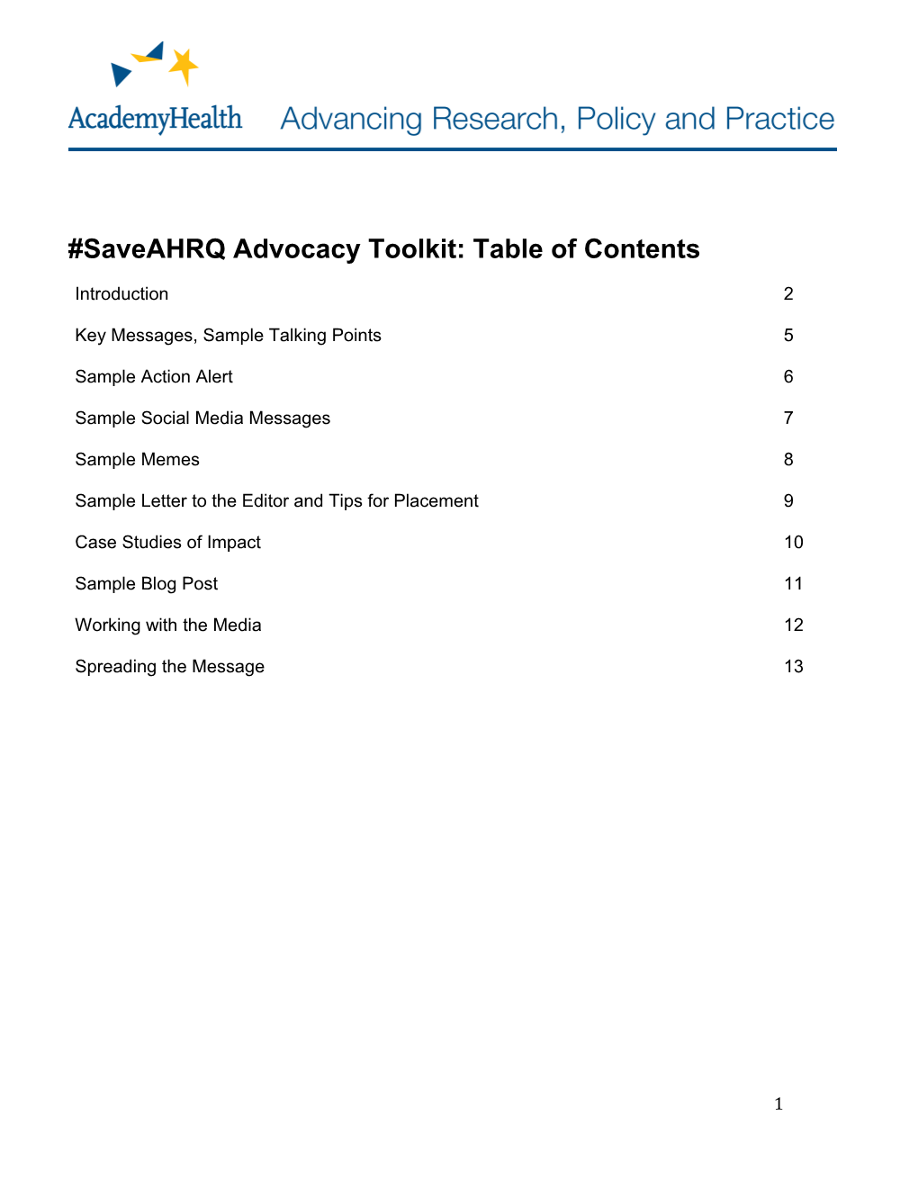 Saveahrq Advocacy Toolkit: Table of Contents