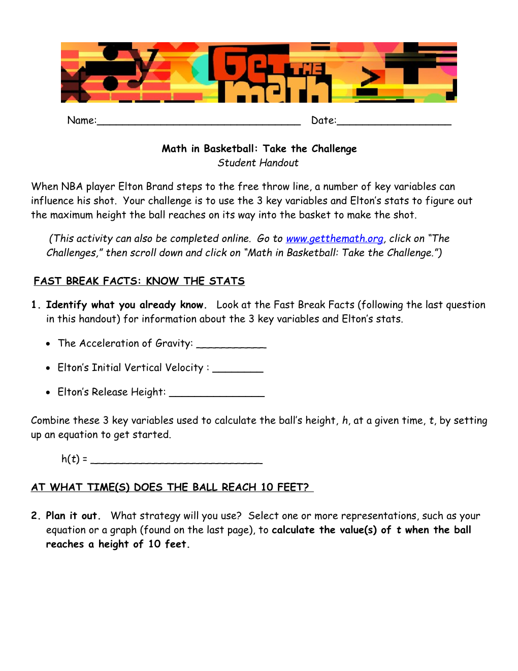Math in Basketball: Take the Challenge Student Handout
