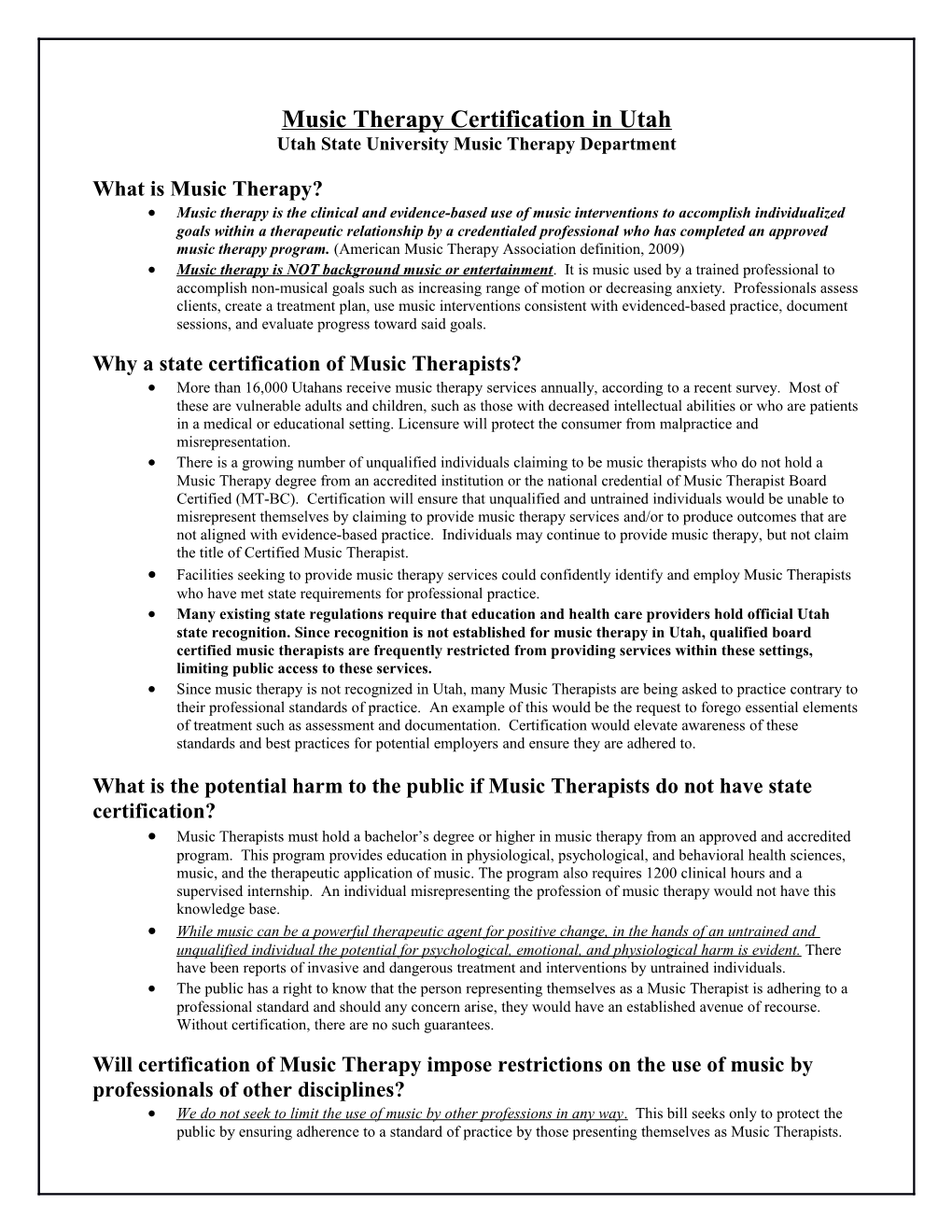 Music Therapy Certification in Utah