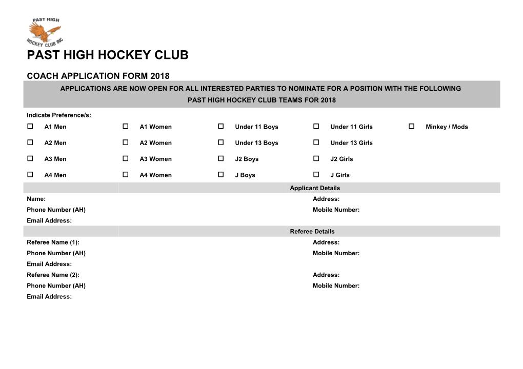 Coach Application Form 2018