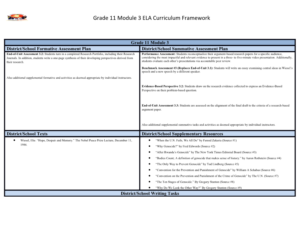 Grade 11 Module 3ELA Curriculum Framework