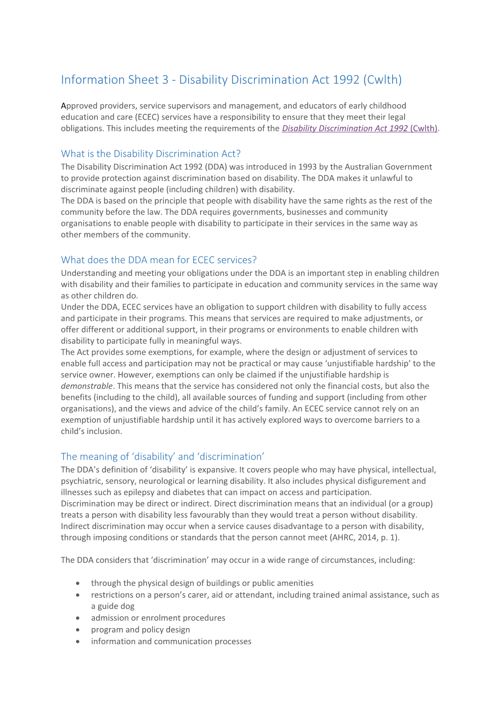 Information Sheet 3 - Disability Discrimination Act 1992 (Cwlth)