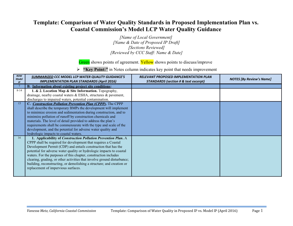 Template: Comparison Ofwater Quality Standards in Proposed Implementation Plan Vs