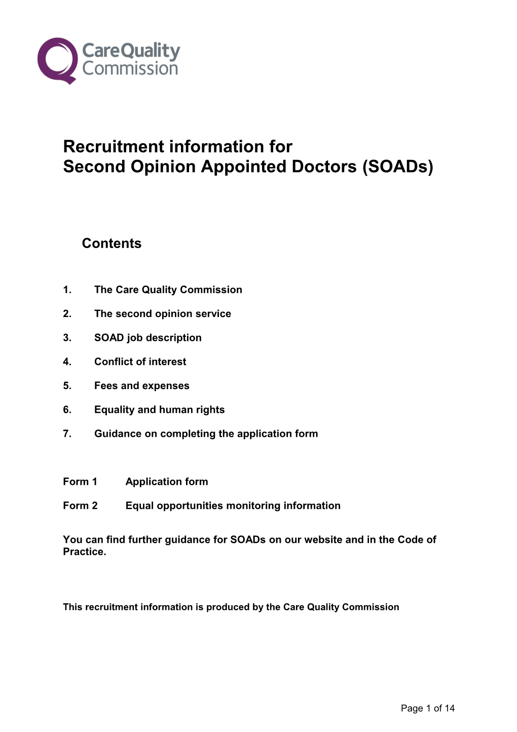 Recruitment Information Second Opinion Appointed Doctors (Soads)