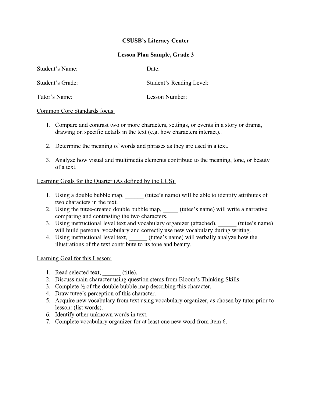 Lesson Plan Sample, Grade 3