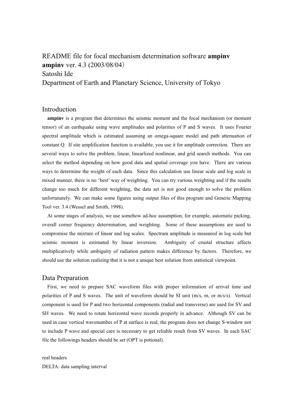 README File for Focal Mechanism Determination Software Ampinv