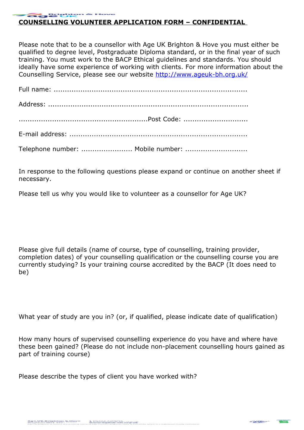 Counselling Volunteer Application Form Confidential