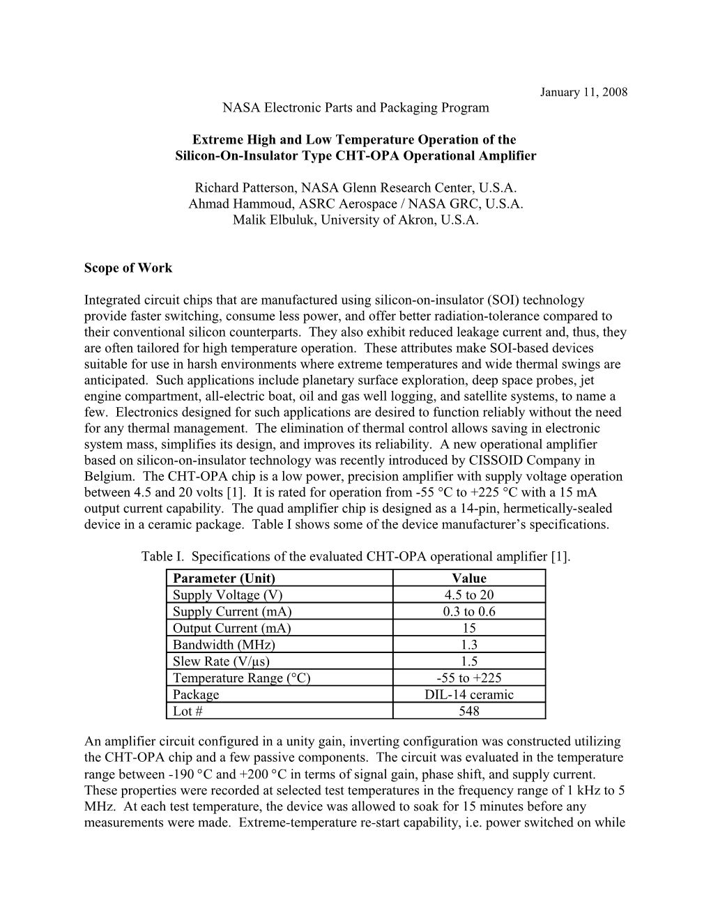 Extreme High and Low Temperature Operation of the Silicon-On-Insulator Type CHT-OPA Operational