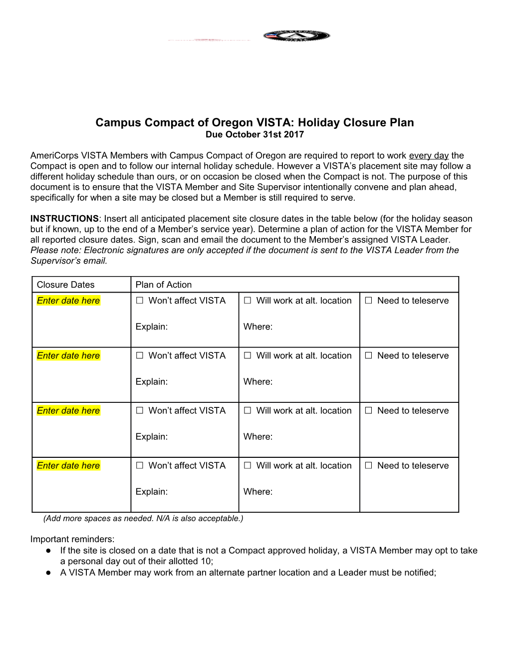 Campus Compact of Oregon VISTA: Holiday Closure Plan