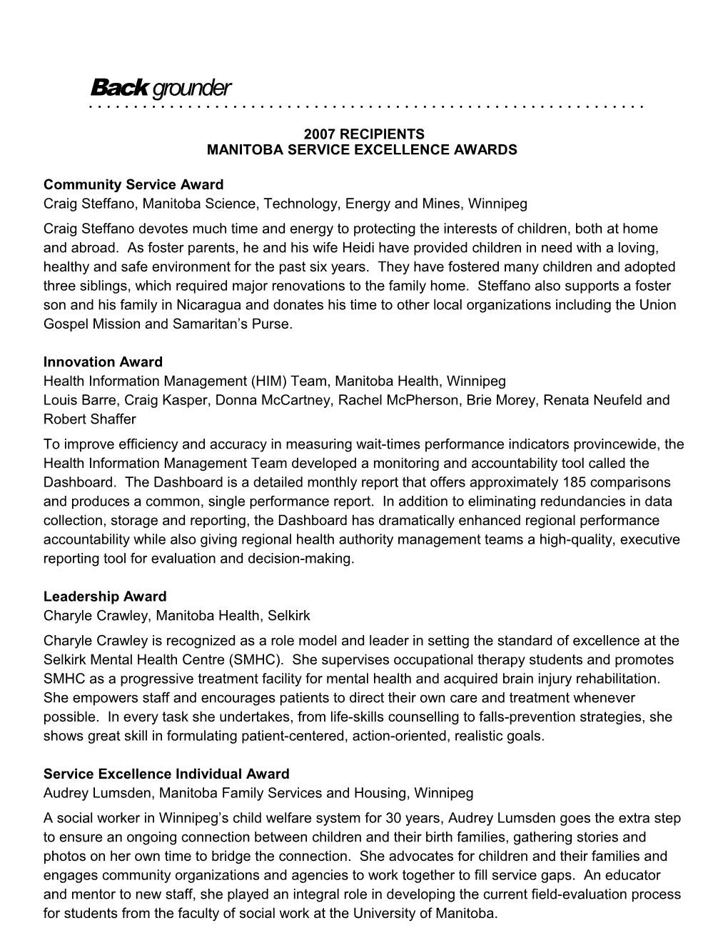 Manitoba Service Excellence Awards