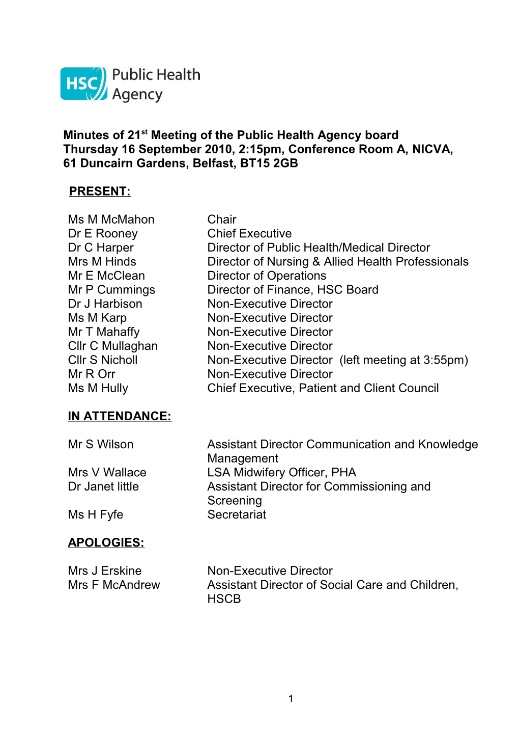 Minutes of 21Stmeeting of the Public Health Agency Board