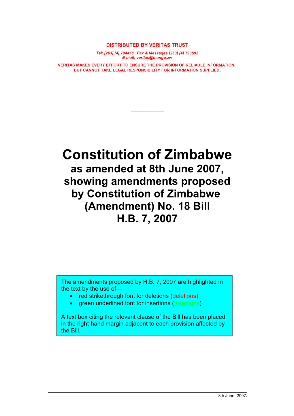 CONSTITUTION of ZIMBABWE Showing Amendments Proposed by Amendment No. 18
