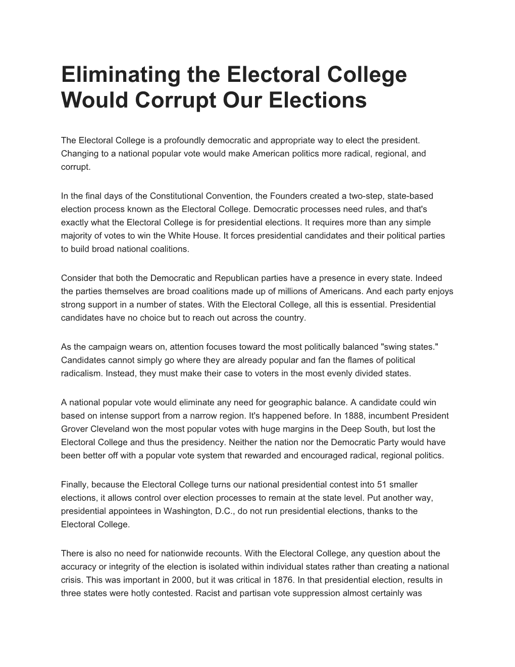 Eliminating the Electoral College Would Corrupt Our Elections