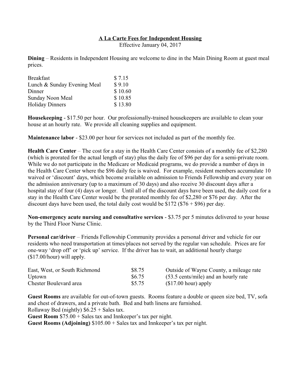 A La Carte Fees for Independent Living Apartments