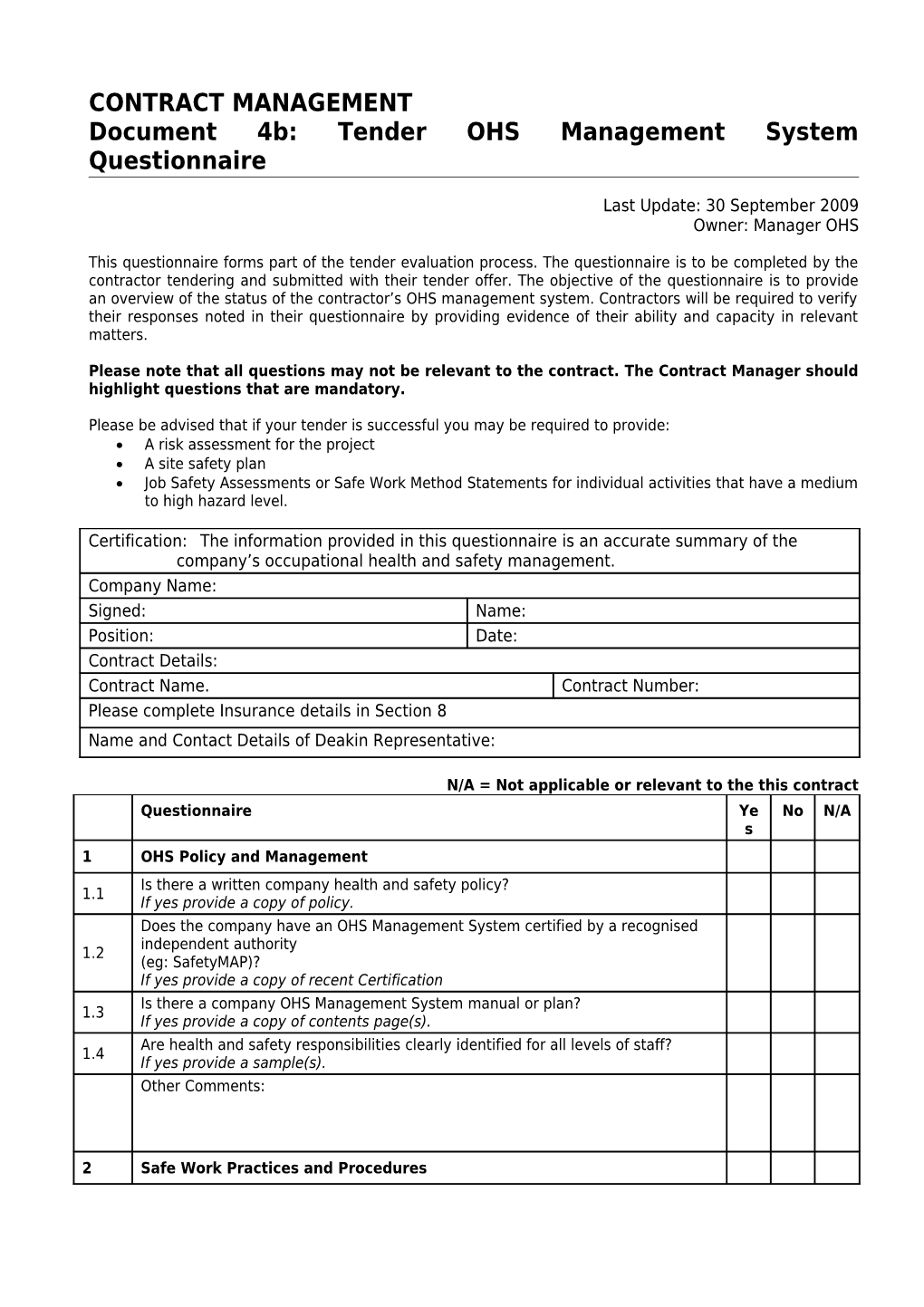 Tender OHS Management System Questionnaire