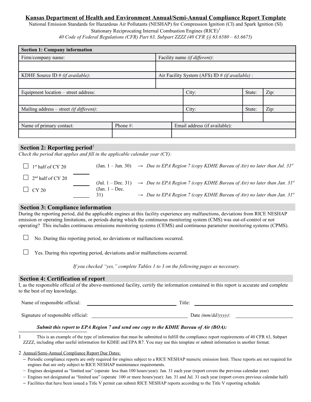 Kansas Department of Health and Environment Annual/Semi-Annual Compliance Report Template