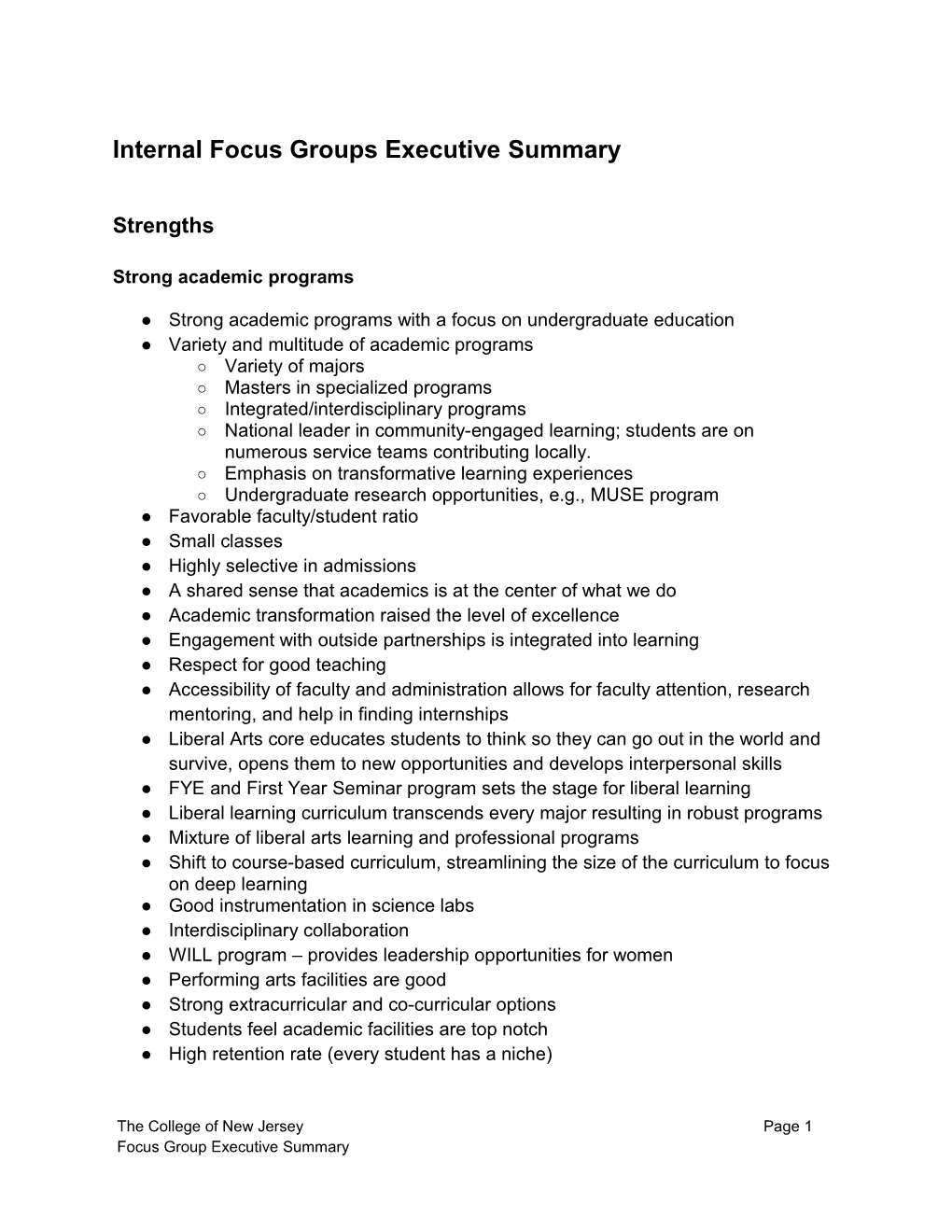 Internal Focus Groups Executive Summary