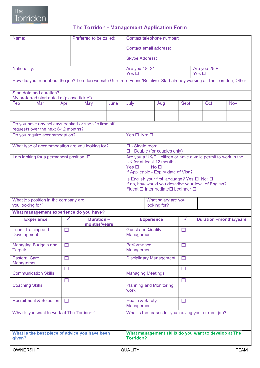 The Torridon - Managementapplication Form
