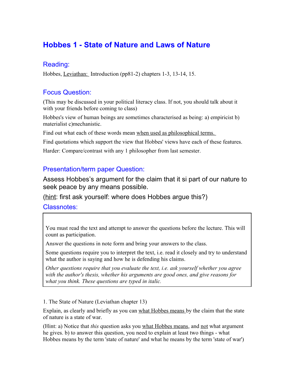 Hobbes 1 - State of Nature and Laws of Nature
