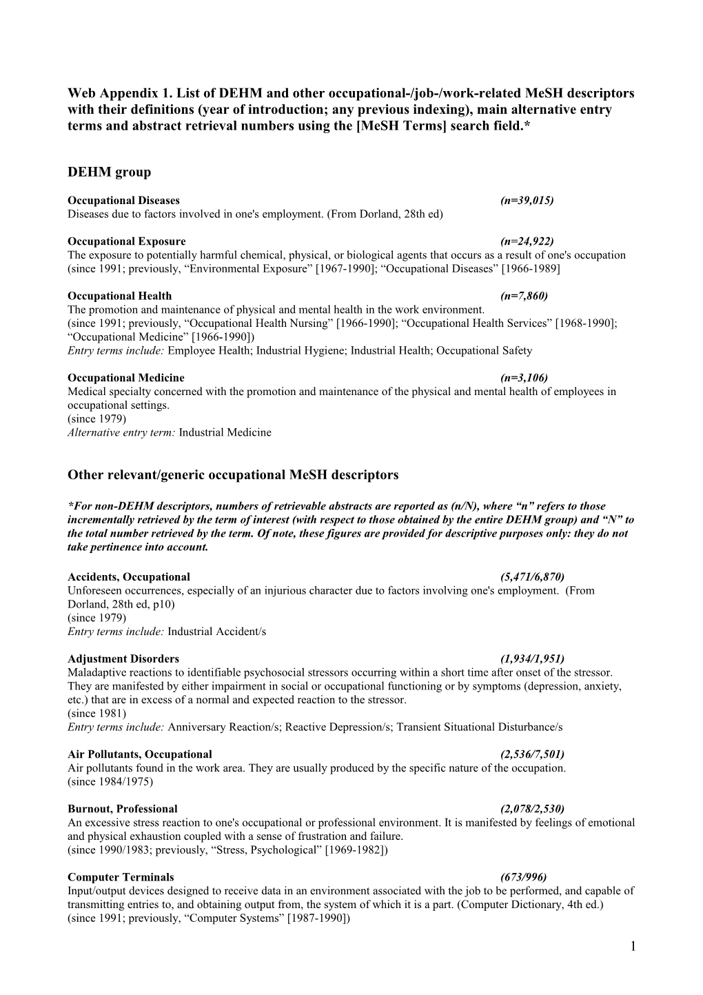 Web Appendix 1. List of DEHM and Other Occupational-/Job-/Work-Related Mesh Descriptors