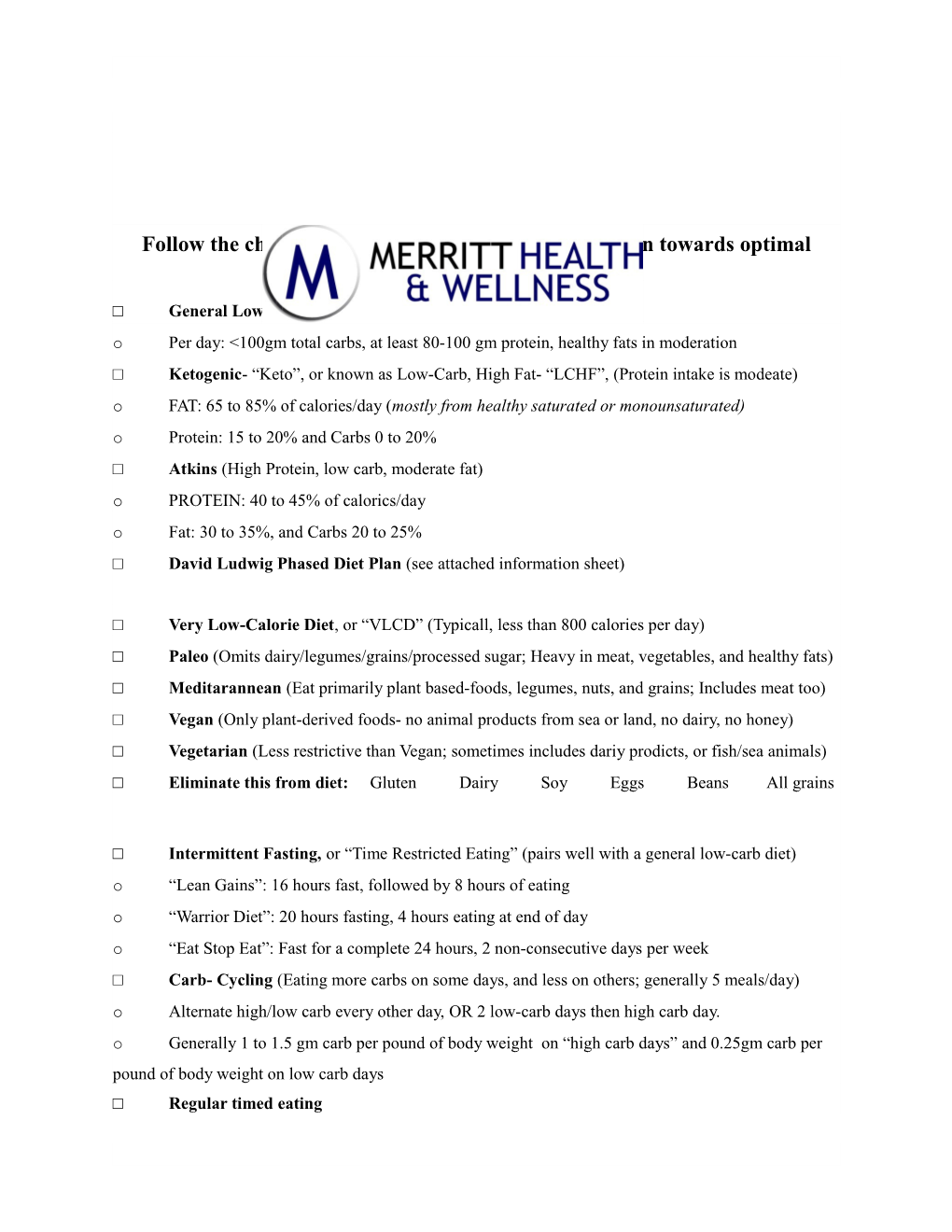 Follow the Checked Boxes Below to Guide Your Nutrition Towards Optimal Health and Wellness