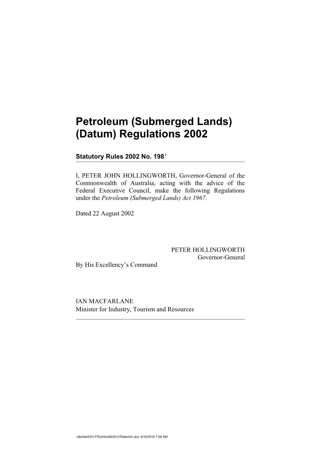 Petroleum (Submerged Lands) (Datum) Regulations 2002