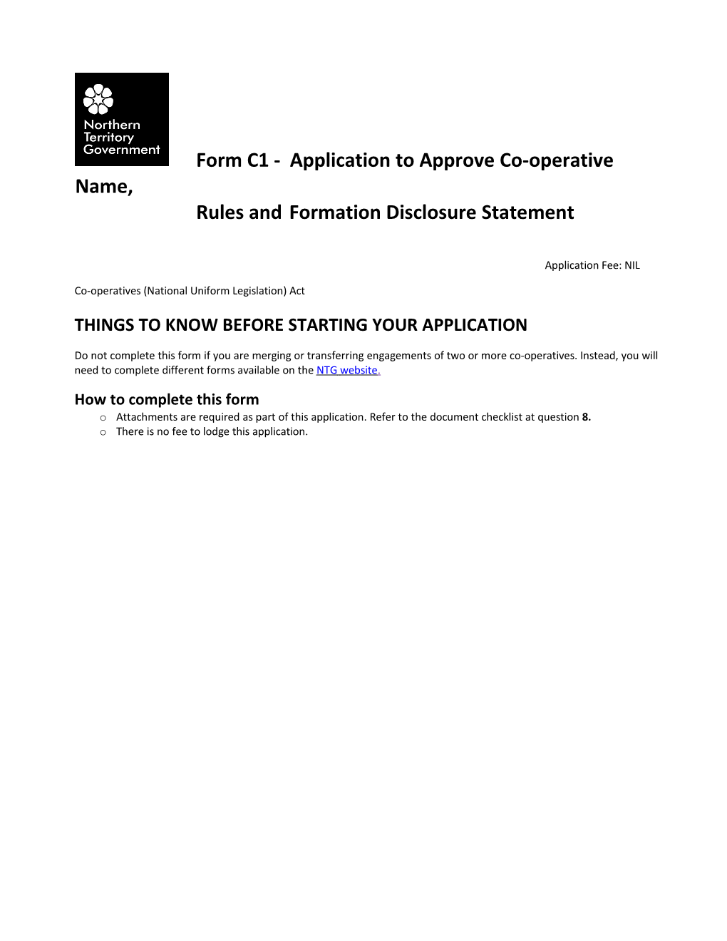 Application to Approve Cooperative Name, Rules and Formation Disclosure Statement