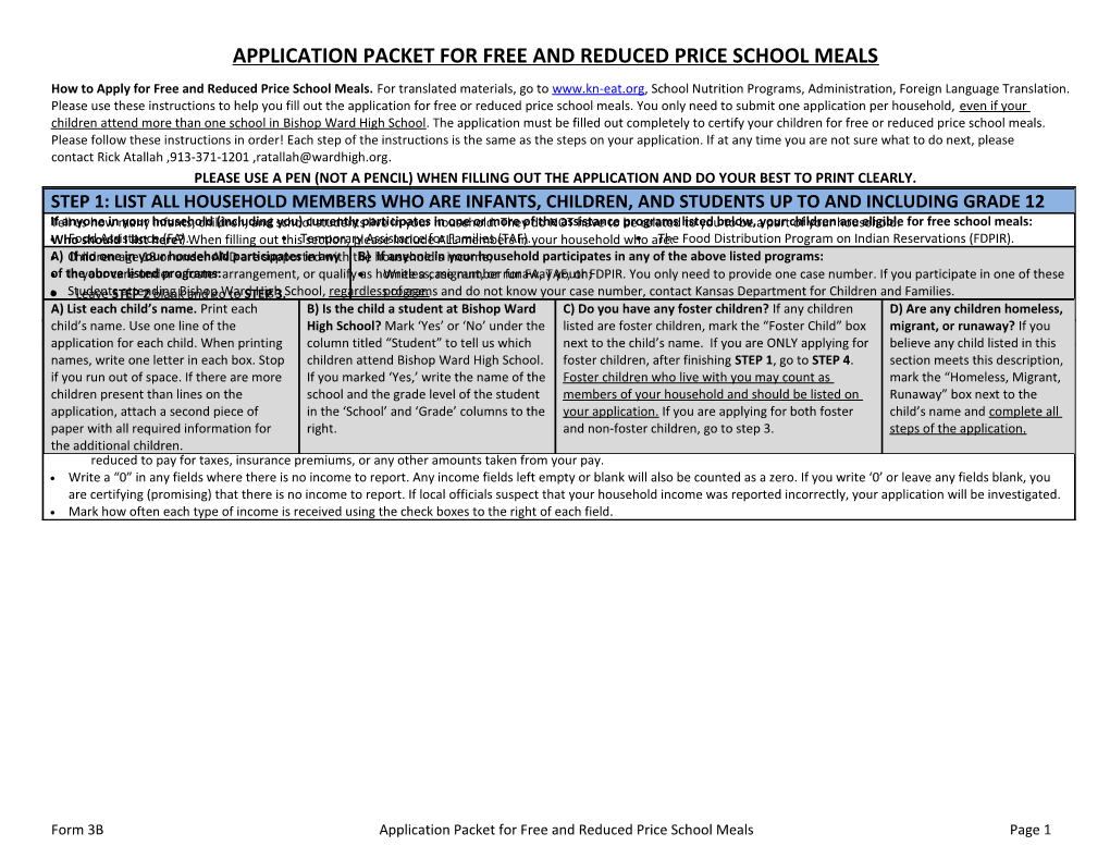 Application Packet for Free and Reduced Price School Meals